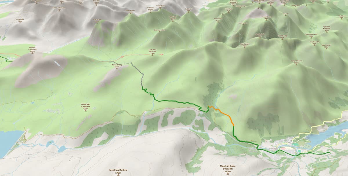 A recorded GPS track through a Highland glen, coloured by measured signal strength