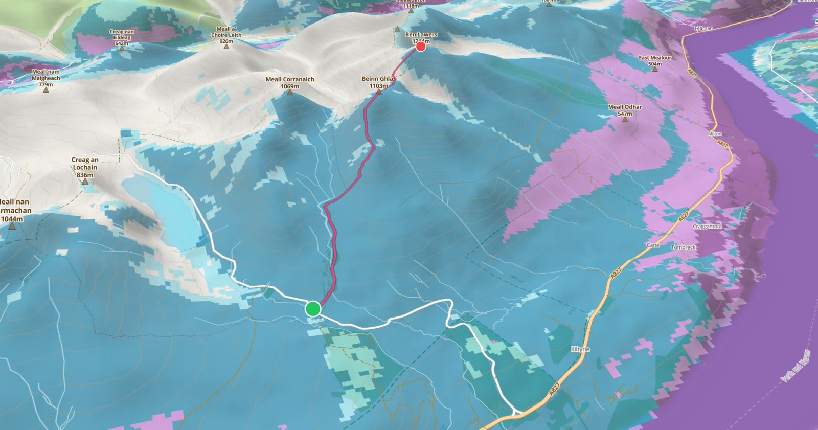 Trail Signal map of Ben Lawers, Scotland, showing EE predicted coverage draped over 3D terrain, with white areas marking dead zones